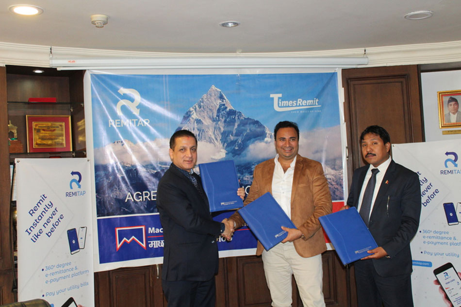 Machhapuchchhre Bank's Tri-party agreement with Times Remit and AMV Tel company regarding Remitap mobile wallet. Machhapuchchhre Bank's Tri-party agreement with Times Remit and AMV Tel company regarding Remitap mobile wallet.